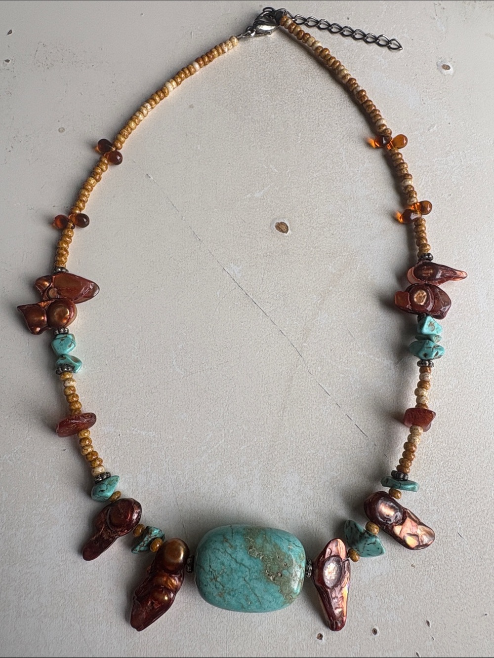 Turquoise & Copper Bead Statement Necklace - ca 7in long